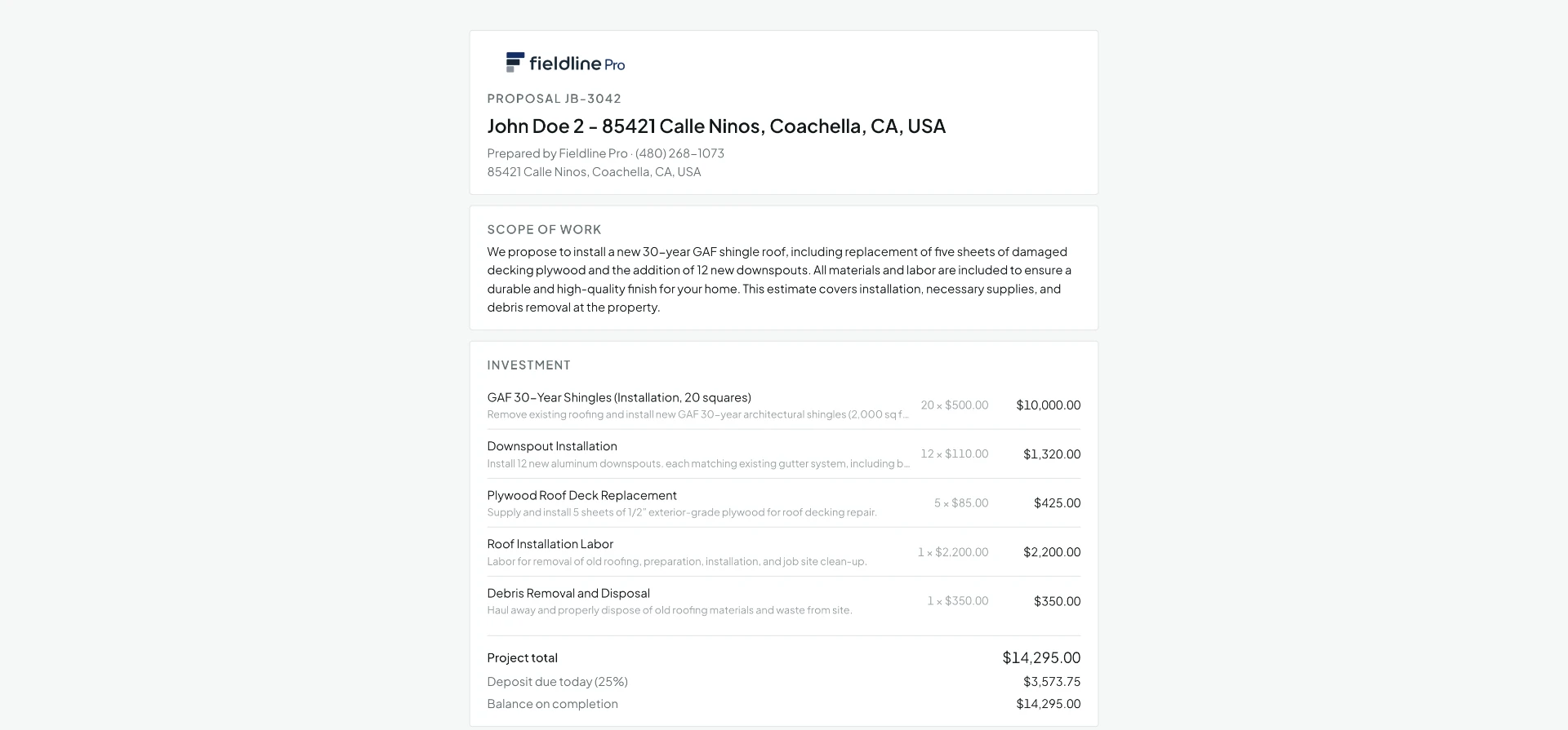 FieldLine Pro customer-facing proposal with project scope and pricing