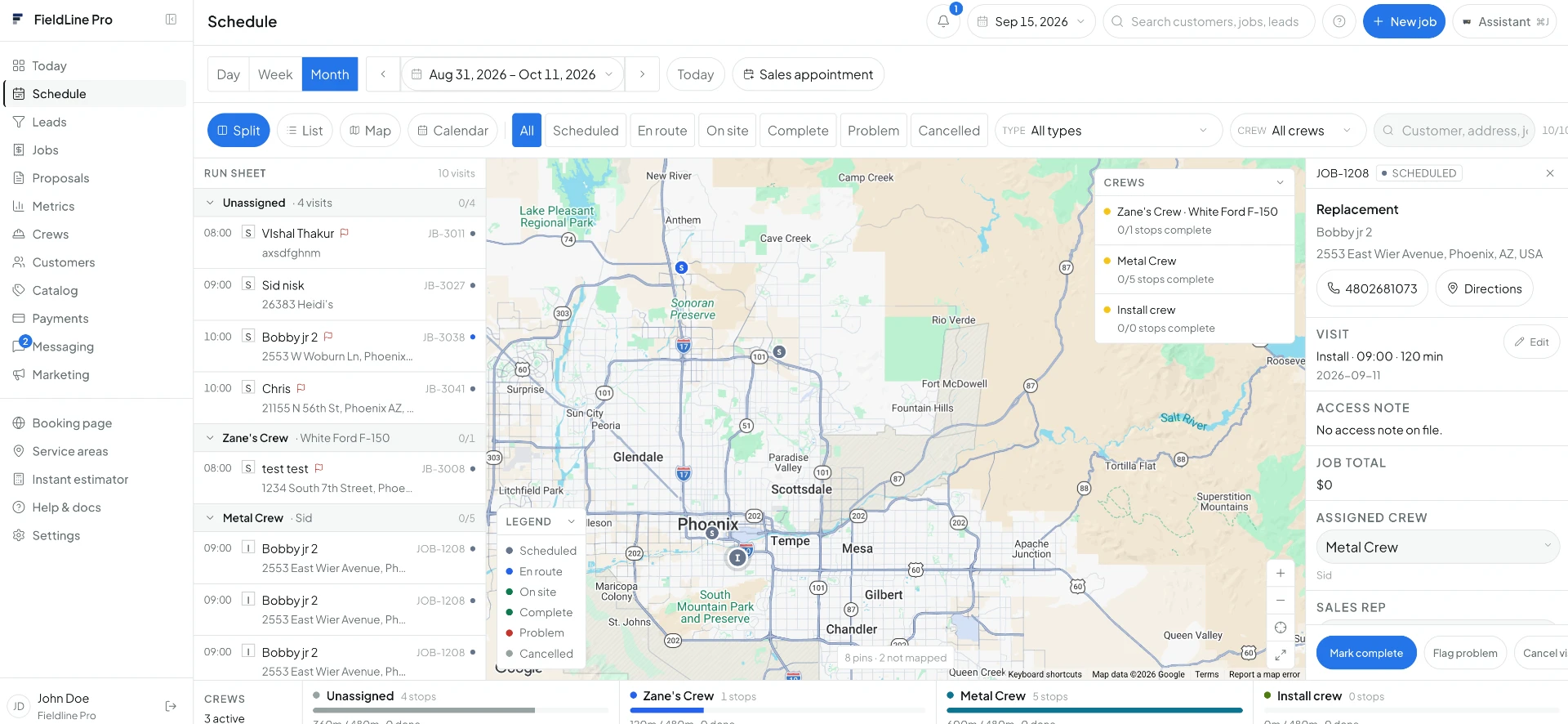 FieldLine Pro crew schedule with run sheet and live map