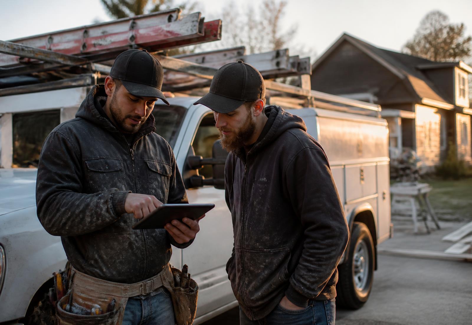 Contractor crew reviewing the day's jobs on a tablet at a residential job site