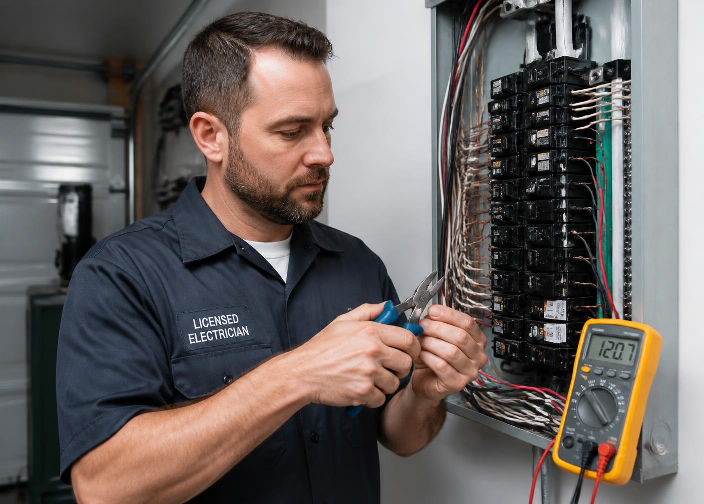Licensed electrician working inside a residential electrical panel