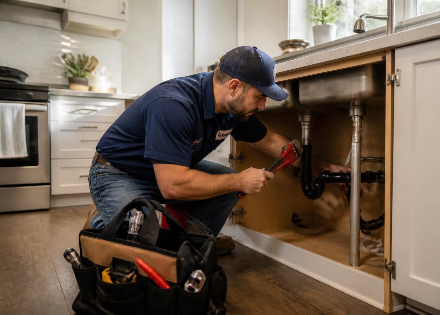 Plumber repairing pipes under a kitchen sink with a pipe wrench